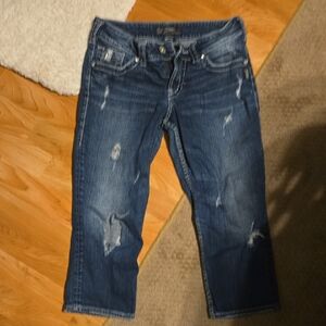 Silver Jeans Dark Blue Distressed Cropped Jeans W28